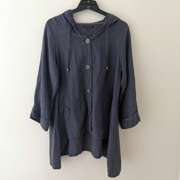 For Cynthia Jackets & Blazers - 100 % Linen Spanner Navy Hooded Button-Front Jacket
